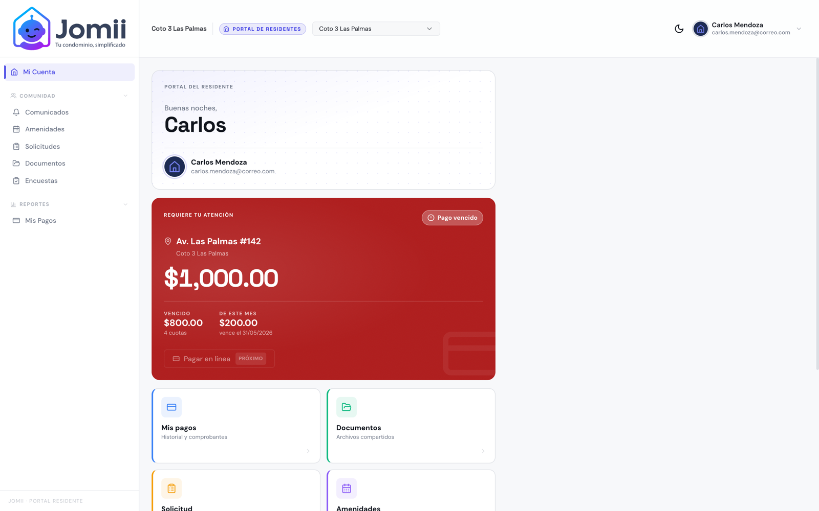 Portal del residente de Jomii en el navegador, con su saldo y los accesos a pagos, documentos y amenidades.