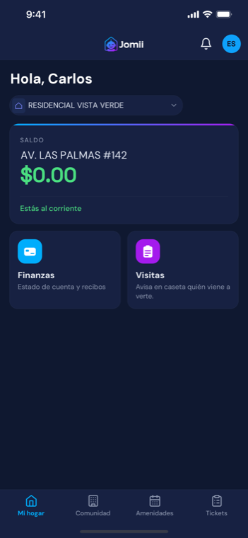 Pantalla de inicio de la app de Jomii, con el saldo del domicilio y el aviso de estar al corriente.