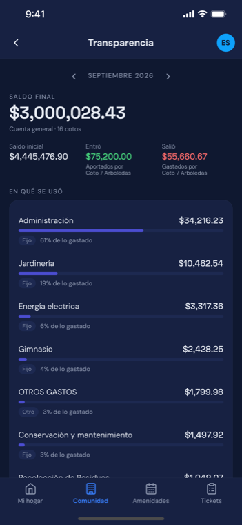 Pantalla de transparencia en la app de Jomii, con el desglose de en qué se usó la cuota.